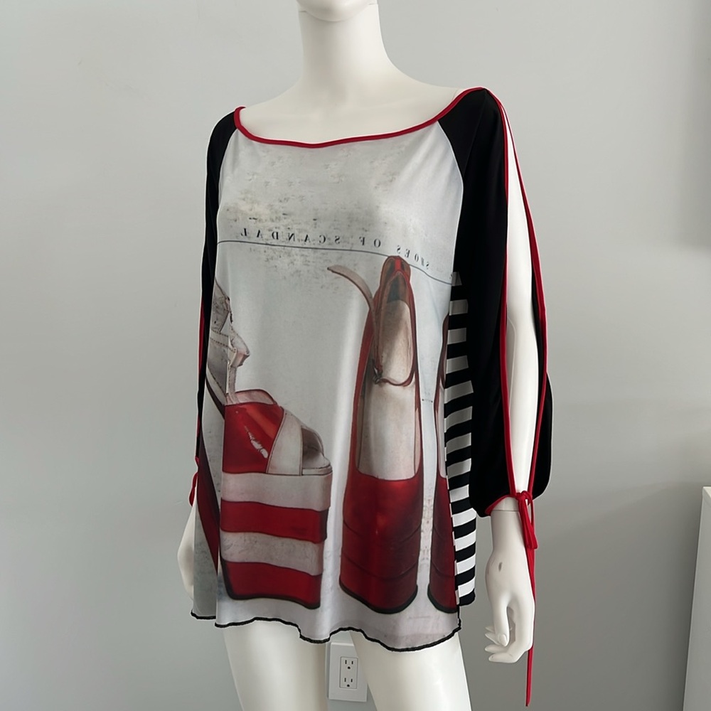 Omdaya Off-Shoulder Top with black & white stripe and red high heel shoe Design